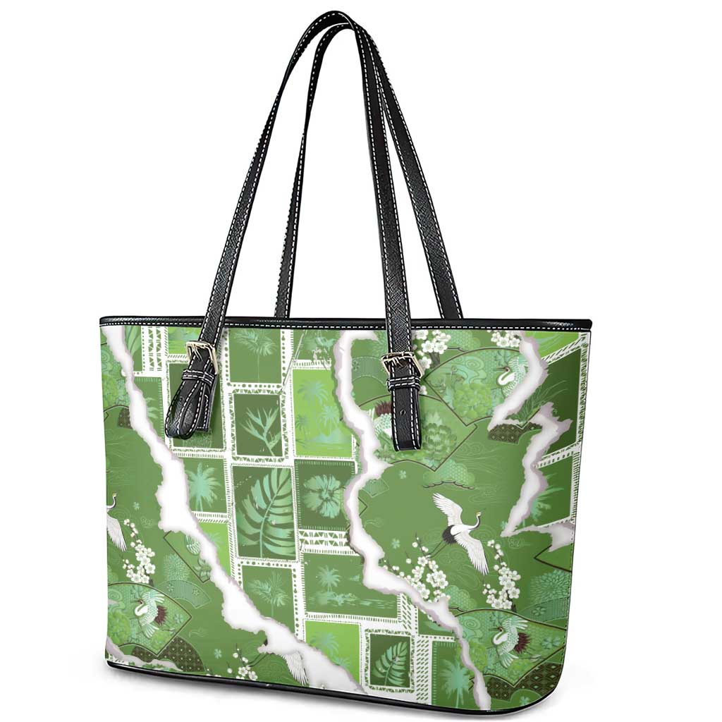 Hawaii Japanese Culture Sage Green Leather Tote Bag Spring Cranes Aloha Pattern