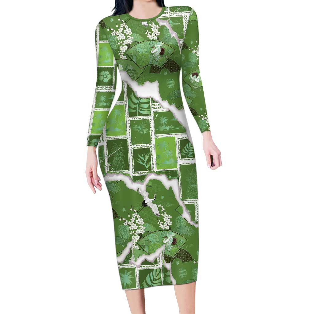 Hawaii Japanese Culture Sage Green Long Sleeve Bodycon Dress Spring Cranes Aloha Pattern