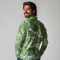 Hawaii Japanese Culture Sage Green Long Sleeve Polo Shirt Spring Cranes Aloha Pattern