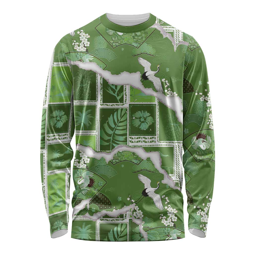 Hawaii Japanese Culture Sage Green Long Sleeve Shirt Spring Cranes Aloha Pattern