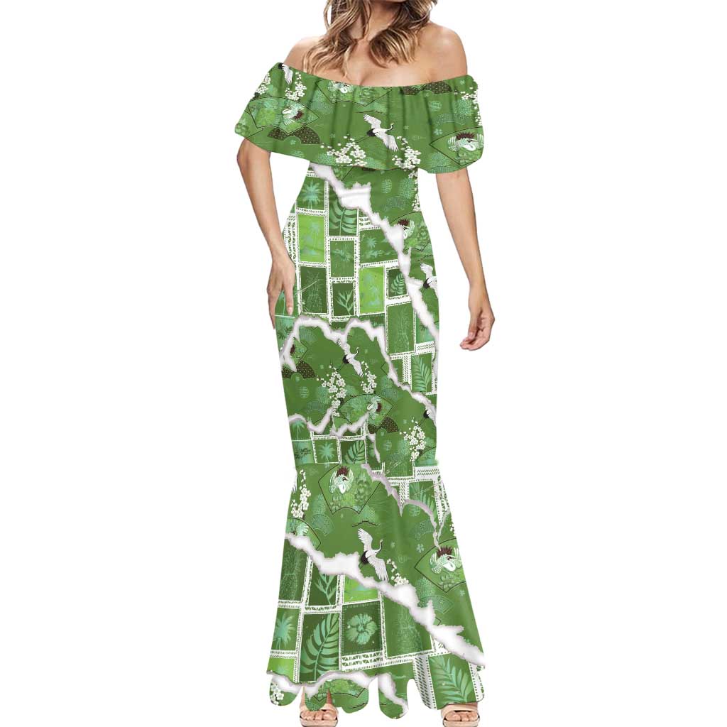 Hawaii Japanese Culture Sage Green Mermaid Dress Spring Cranes Aloha Pattern