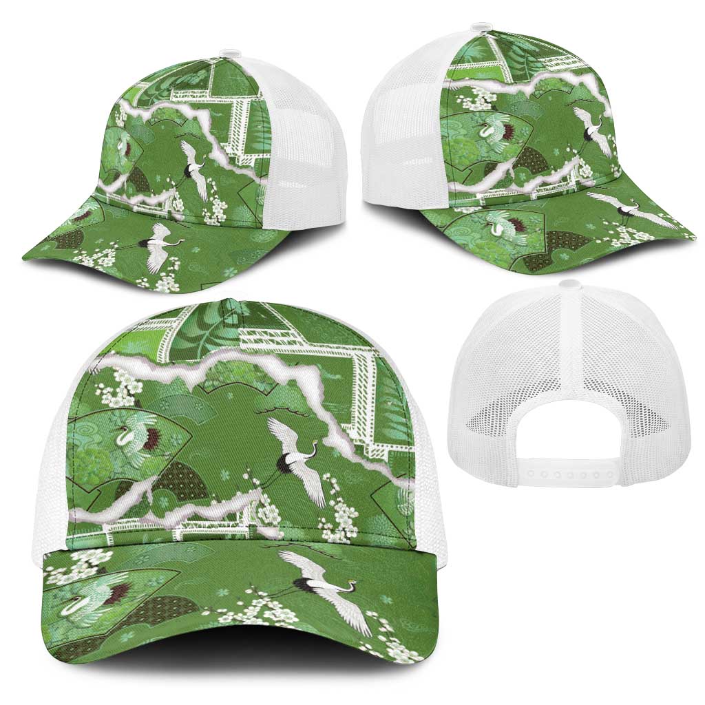 Hawaii Japanese Culture Sage Green Mesh Trucker Cap Spring Cranes Aloha Pattern