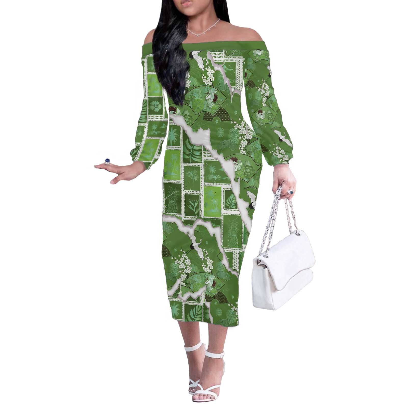 Hawaii Japanese Culture Sage Green Off The Shoulder Long Sleeve Dress Spring Cranes Aloha Pattern