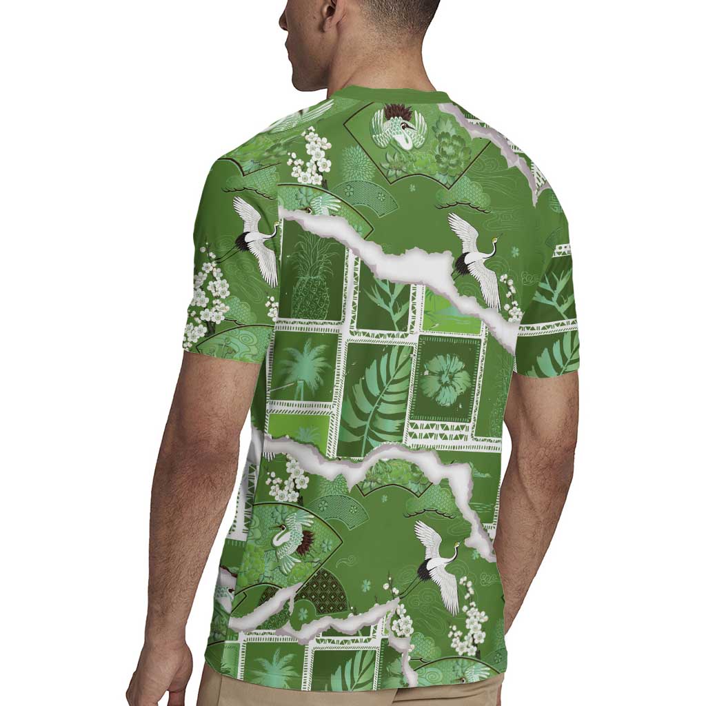 Hawaii Japanese Culture Sage Green Rugby Jersey Spring Cranes Aloha Pattern