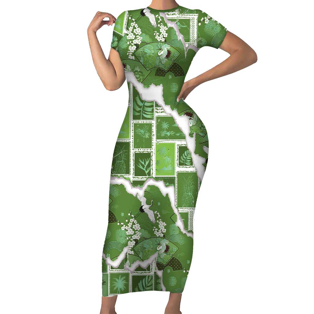 Hawaii Japanese Culture Sage Green Short Sleeve Bodycon Dress Spring Cranes Aloha Pattern