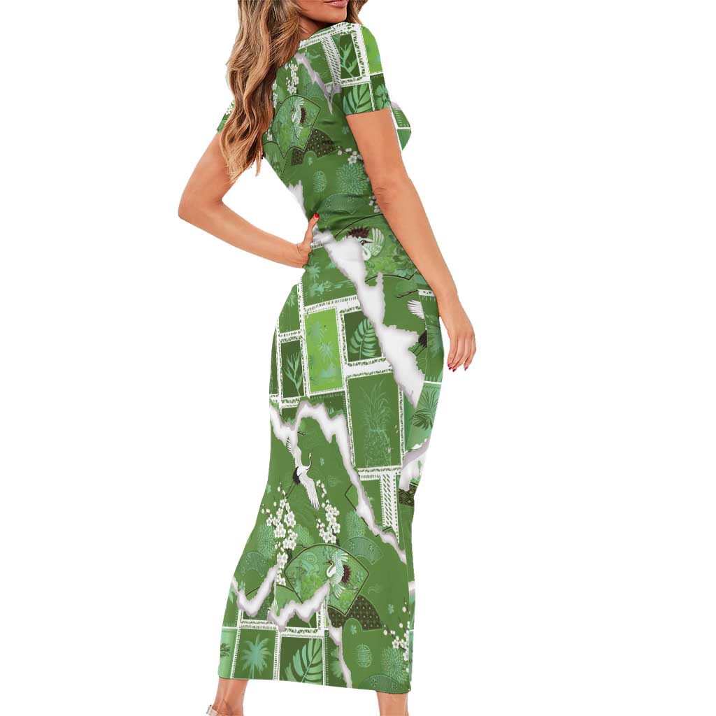 Hawaii Japanese Culture Sage Green Short Sleeve Bodycon Dress Spring Cranes Aloha Pattern