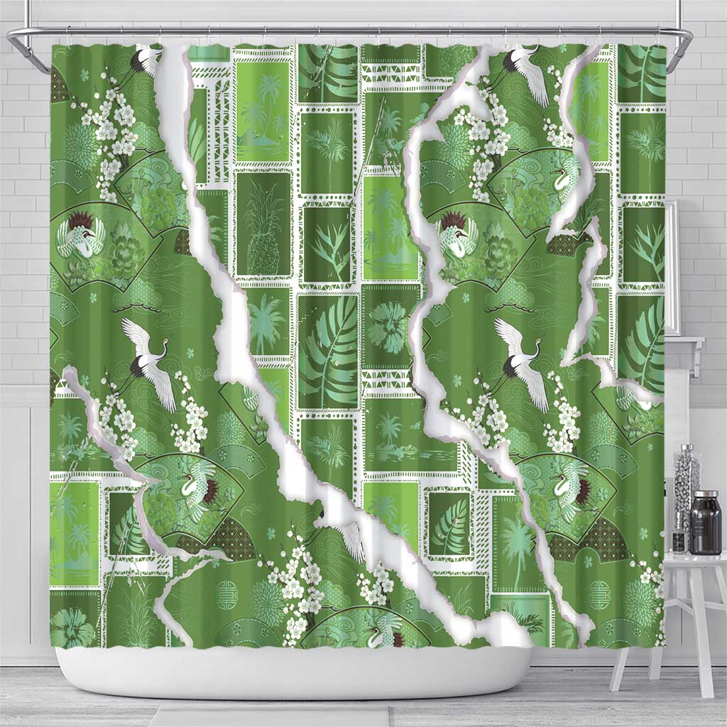 Hawaii Japanese Culture Sage Green Shower Curtain Spring Cranes Aloha Pattern