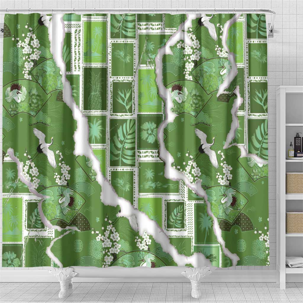 Hawaii Japanese Culture Sage Green Shower Curtain Spring Cranes Aloha Pattern