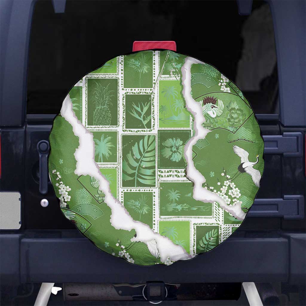 Hawaii Japanese Culture Sage Green Spare Tire Cover Spring Cranes Aloha Pattern