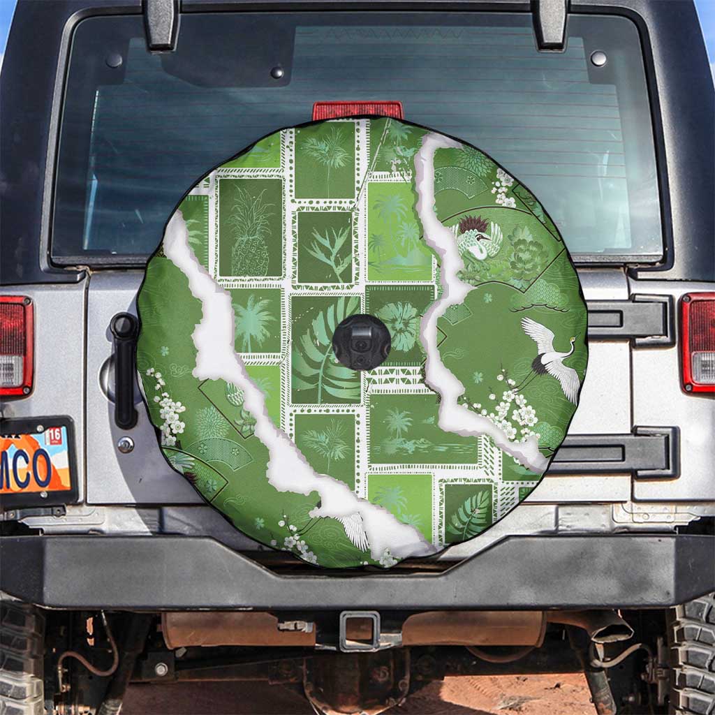 Hawaii Japanese Culture Sage Green Spare Tire Cover Spring Cranes Aloha Pattern