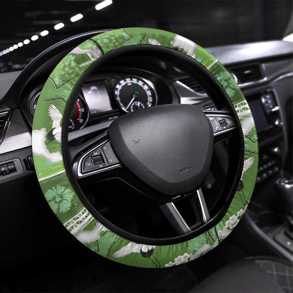 Hawaii Japanese Culture Sage Green Steering Wheel Cover Spring Cranes Aloha Pattern