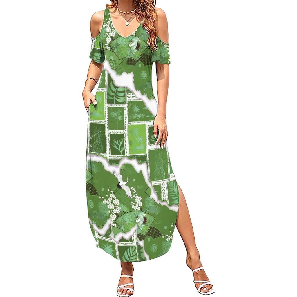 Hawaii Japanese Culture Sage Green Summer Maxi Dress Spring Cranes Aloha Pattern