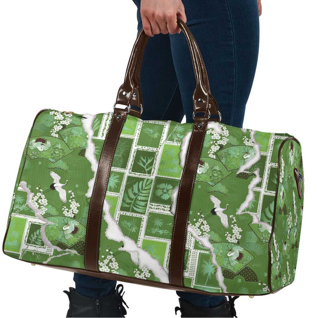 Hawaii Japanese Culture Sage Green Travel Bag Spring Cranes Aloha Pattern