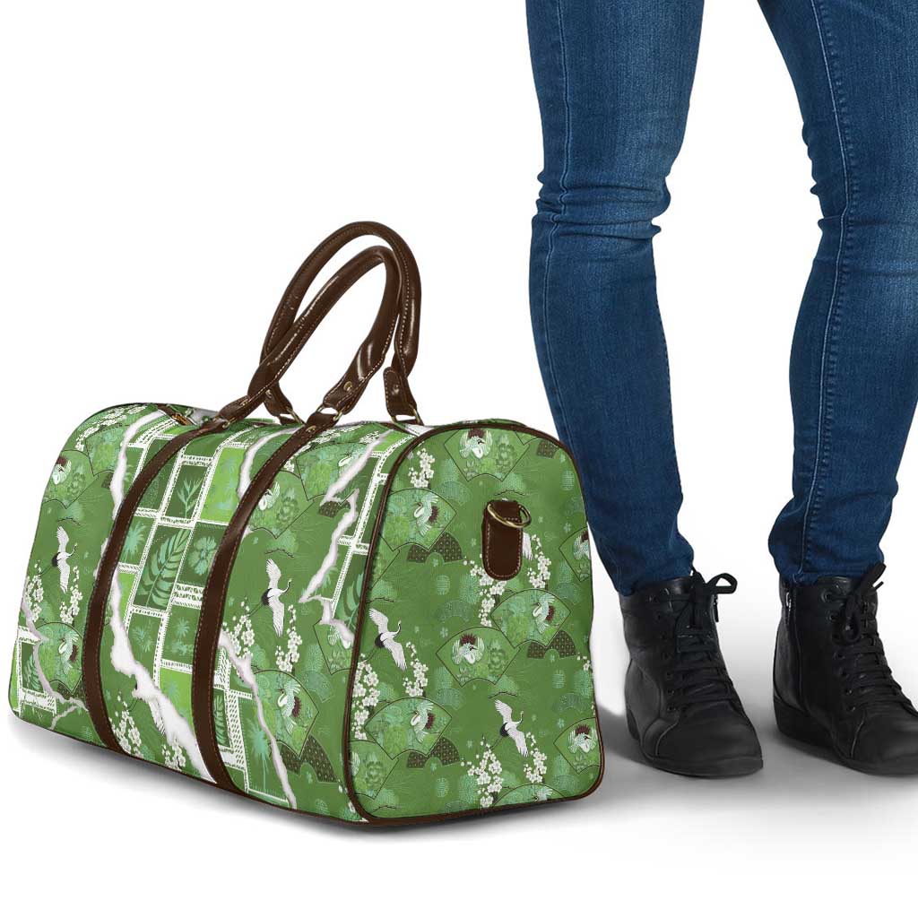 Hawaii Japanese Culture Sage Green Travel Bag Spring Cranes Aloha Pattern