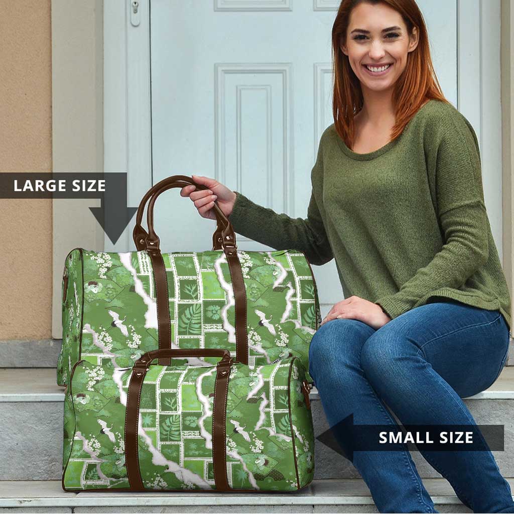 Hawaii Japanese Culture Sage Green Travel Bag Spring Cranes Aloha Pattern