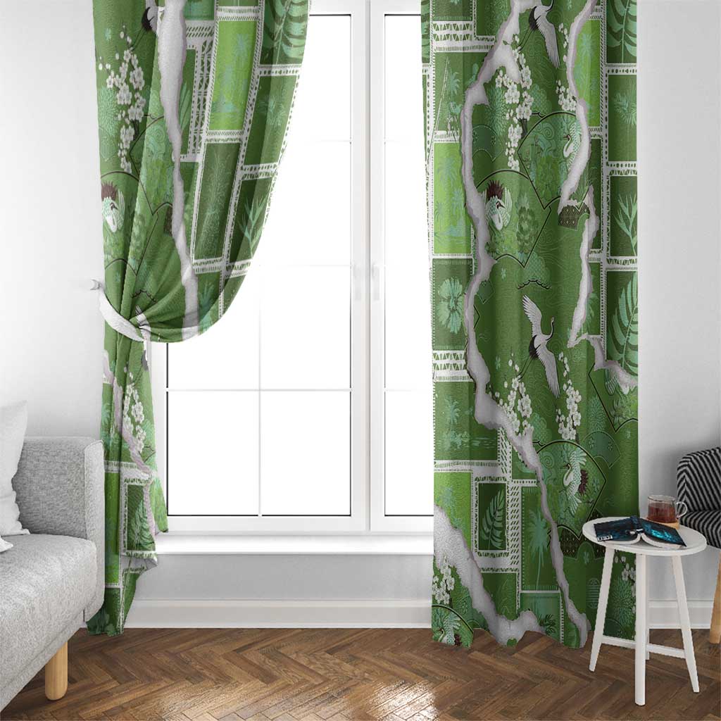 Hawaii Japanese Culture Sage Green Window Curtain Spring Cranes Aloha Pattern