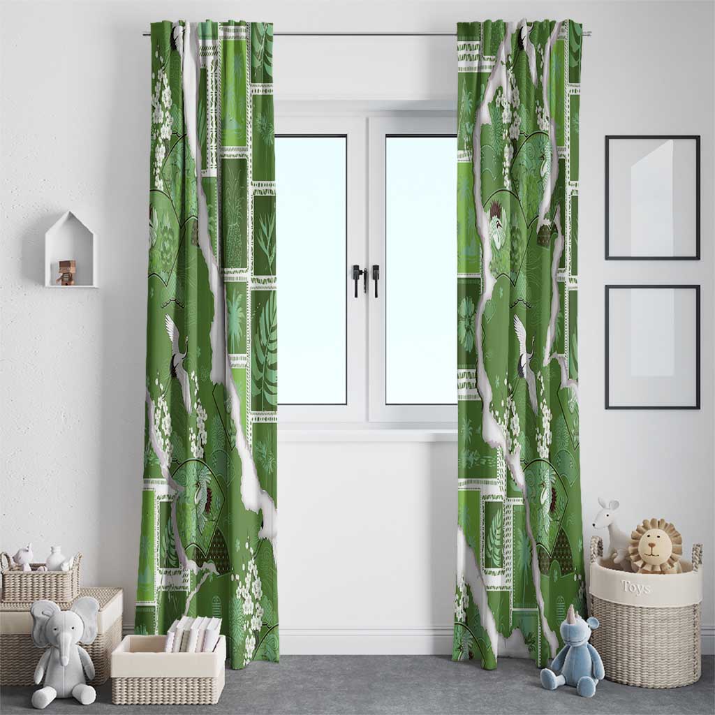 Hawaii Japanese Culture Sage Green Window Curtain Spring Cranes Aloha Pattern