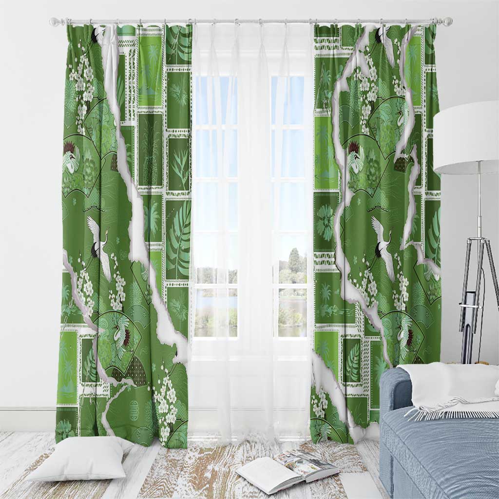 Hawaii Japanese Culture Sage Green Window Curtain Spring Cranes Aloha Pattern