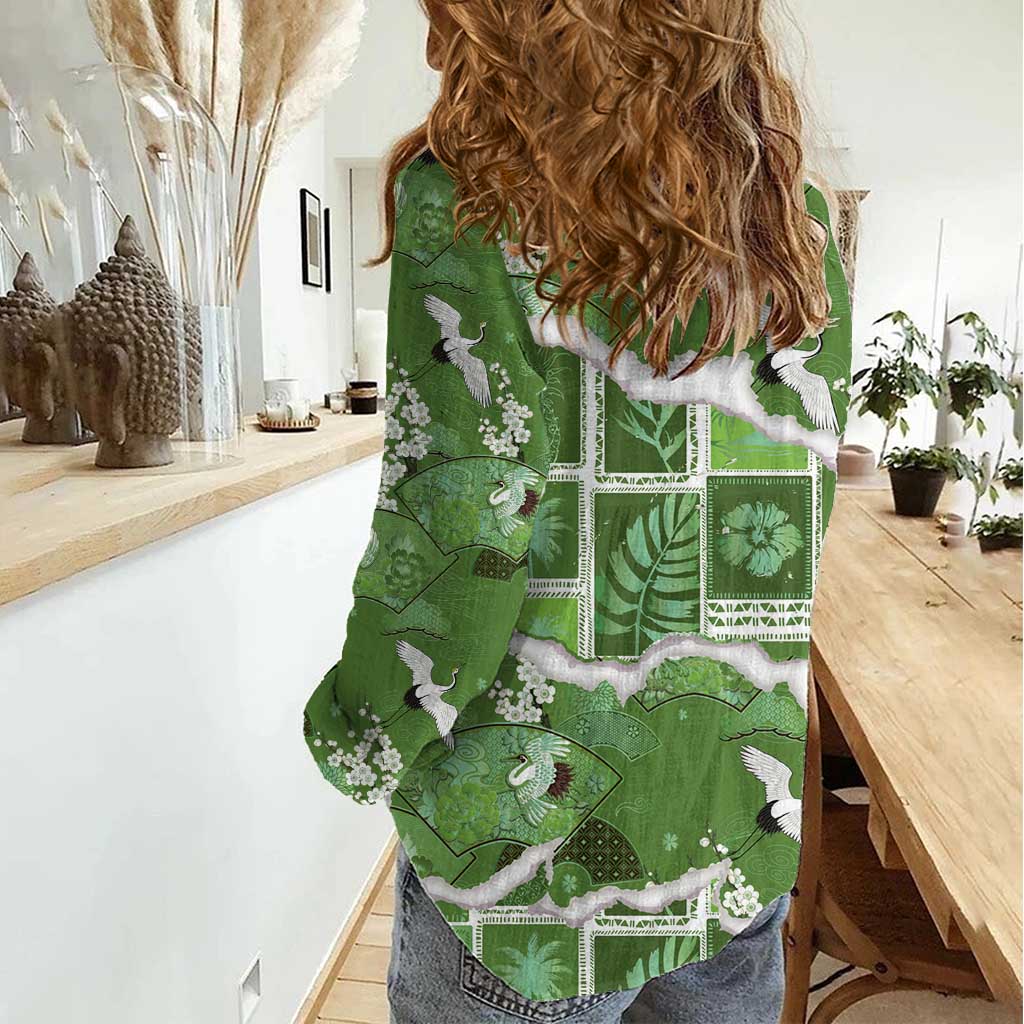 Hawaii Japanese Culture Sage Green Women Casual Shirt Spring Cranes Aloha Pattern