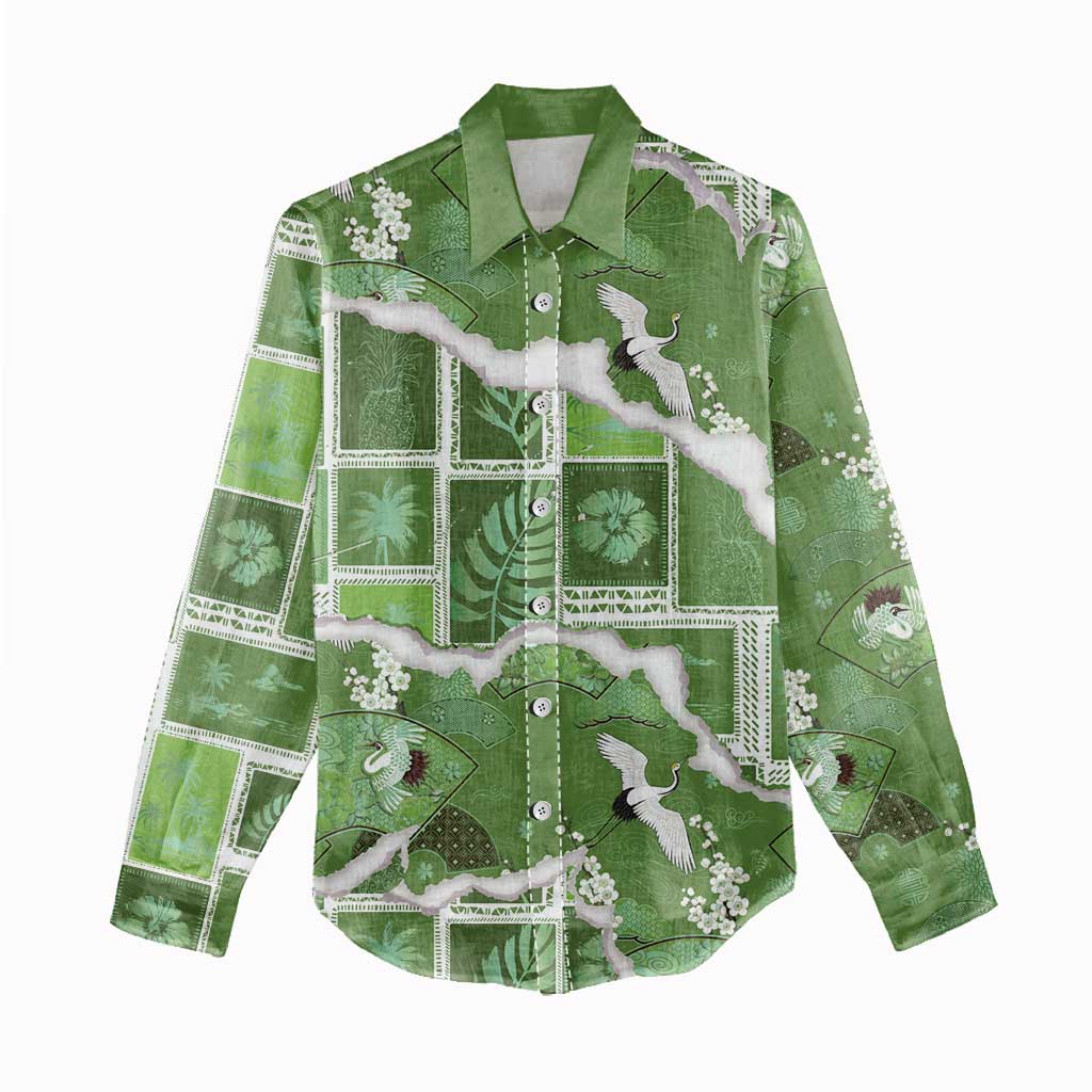 Hawaii Japanese Culture Sage Green Women Casual Shirt Spring Cranes Aloha Pattern