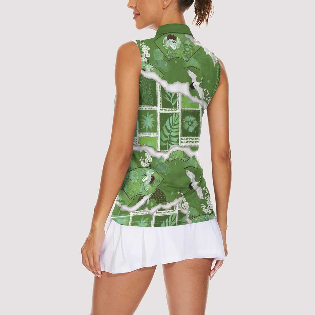 Hawaii Japanese Culture Sage Green Women Sleeveless Polo Shirt Spring Cranes Aloha Pattern