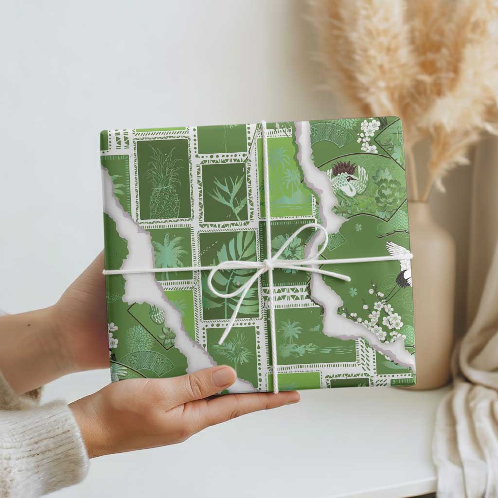 Hawaii Japanese Culture Sage Green Wrapping Paper Spring Cranes Aloha Pattern