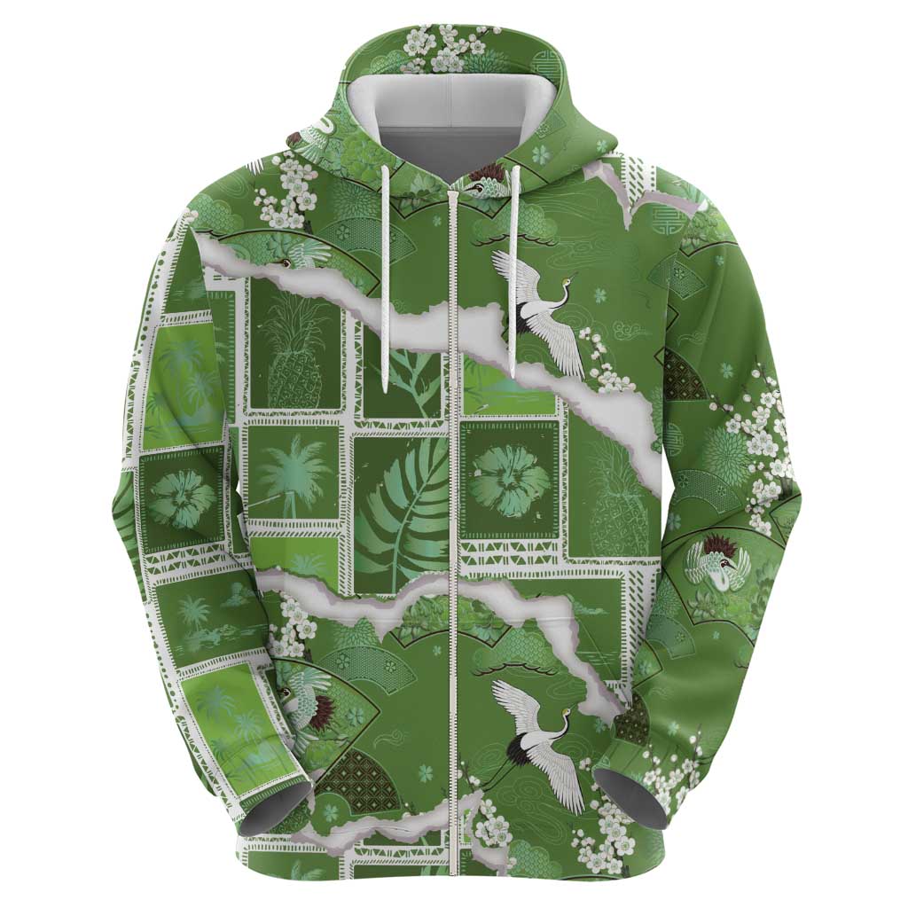 Hawaii Japanese Culture Sage Green Zip Hoodie Spring Cranes Aloha Pattern