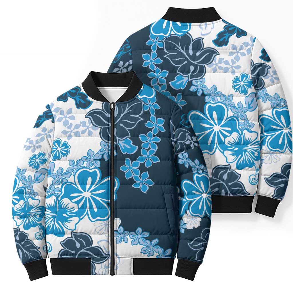 Blue Hibiscus Plumeria Floral Bomber Puffer Jacket - Polynesian Pride