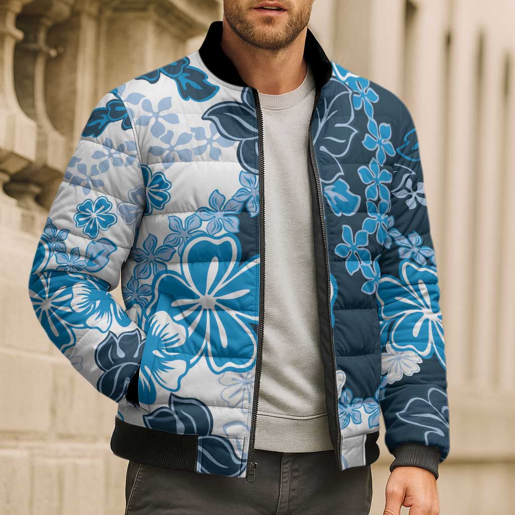 Blue Hibiscus Plumeria Floral Bomber Puffer Jacket - Polynesian Pride