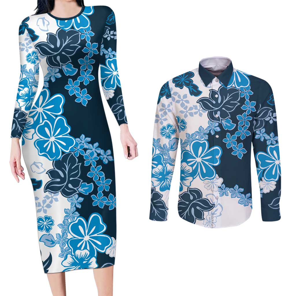 Blue Hibiscus Plumeria Floral Couples Matching Long Sleeve Bodycon Dress and Long Sleeve Button Shirt - Polynesian Pride