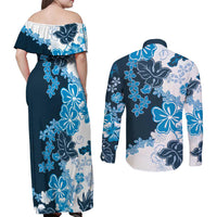 Blue Hibiscus Plumeria Floral Couples Matching Off Shoulder Maxi Dress and Long Sleeve Button Shirt LT01 - Polynesian Pride