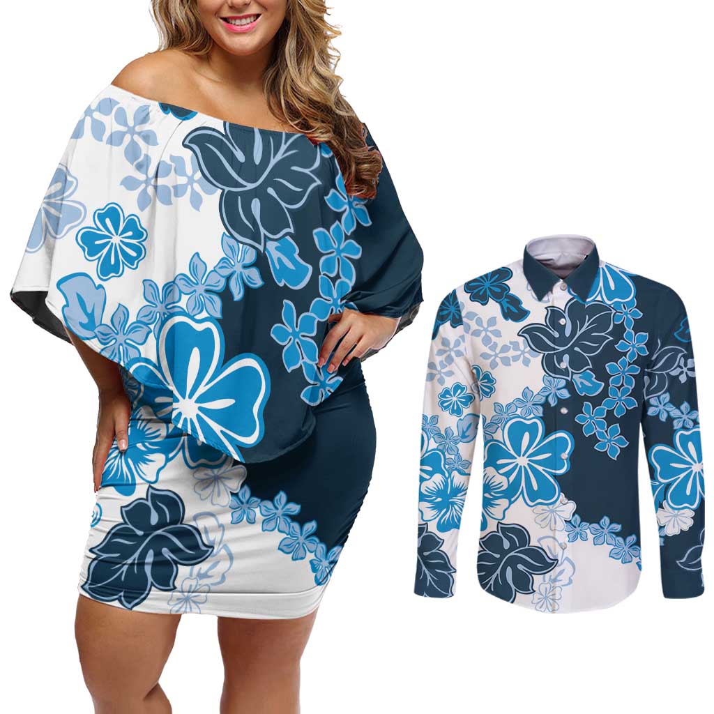 Blue Hibiscus Plumeria Floral Couples Matching Off Shoulder Short Dress and Long Sleeve Button Shirt - Polynesian Pride