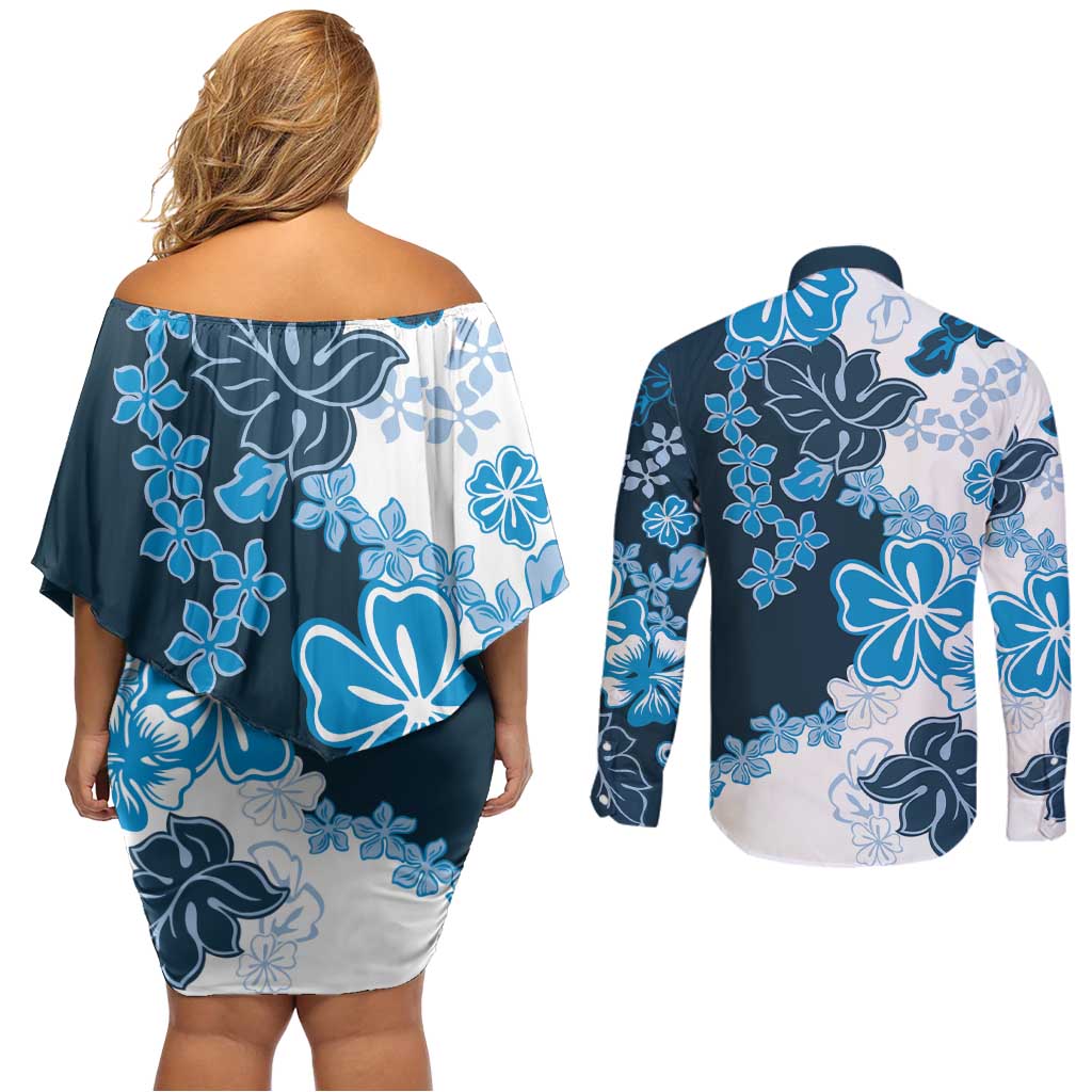 Blue Hibiscus Plumeria Floral Couples Matching Off Shoulder Short Dress and Long Sleeve Button Shirt - Polynesian Pride