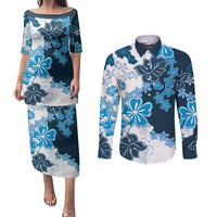 Blue Hibiscus Plumeria Floral Couples Matching Puletasi and Long Sleeve Button Shirt - Polynesian Pride
