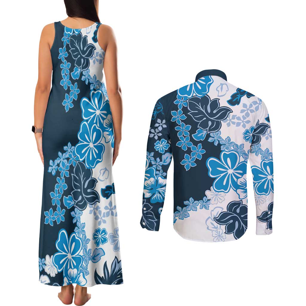Blue Hibiscus Plumeria Floral Couples Matching Tank Maxi Dress and Long Sleeve Button Shirt - Polynesian Pride