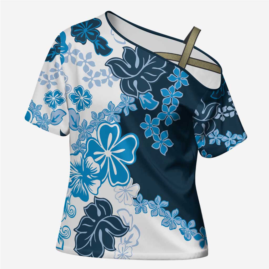 Blue Hibiscus Plumeria Floral Cross Shoulder Shirt - Polynesian Pride