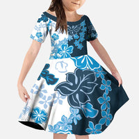 Blue Hibiscus Plumeria Floral Family Matching Long Sleeve Bodycon Dress and Hawaiian Shirt LT01 Daughter's Dress Blue - Polynesian Pride