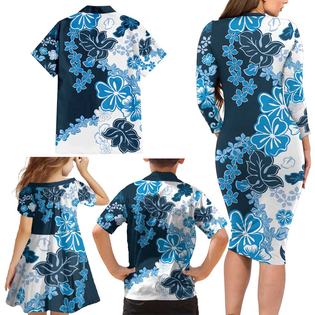 Blue Hibiscus Plumeria Floral Family Matching Long Sleeve Bodycon Dress and Hawaiian Shirt LT01 - Polynesian Pride