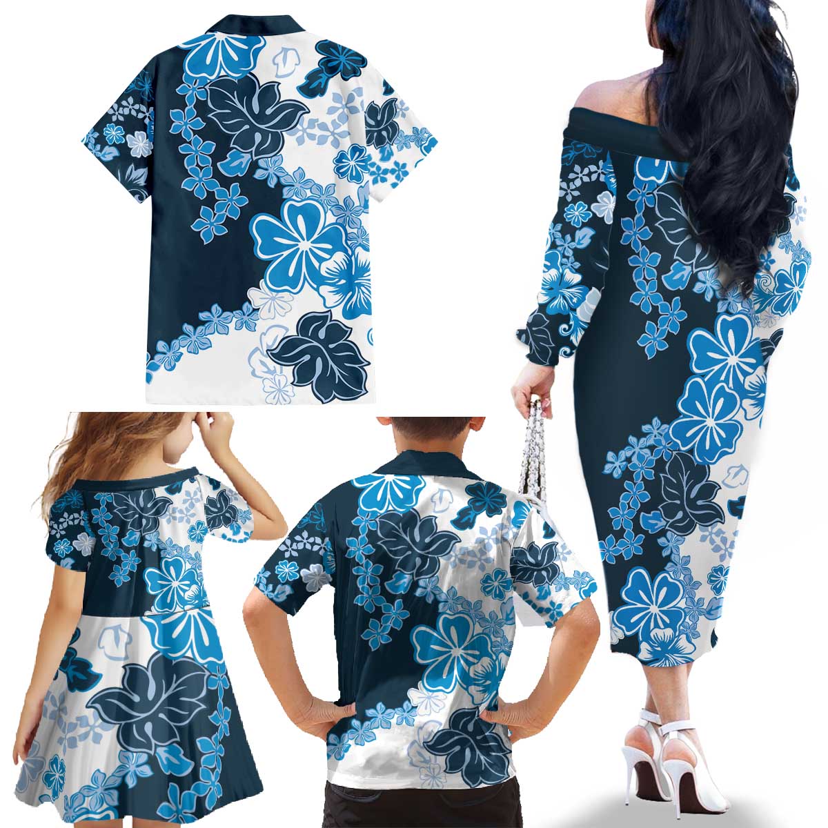 Blue Hibiscus Plumeria Floral Family Matching Off The Shoulder Long Sleeve Dress and Hawaiian Shirt - Polynesian Pride