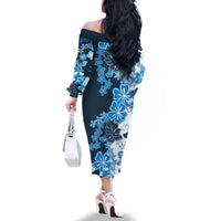 Blue Hibiscus Plumeria Floral Family Matching Off The Shoulder Long Sleeve Dress and Hawaiian Shirt - Polynesian Pride