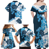 Blue Hibiscus Plumeria Floral Family Matching Off Shoulder Maxi Dress and Hawaiian Shirt - Polynesian Pride
