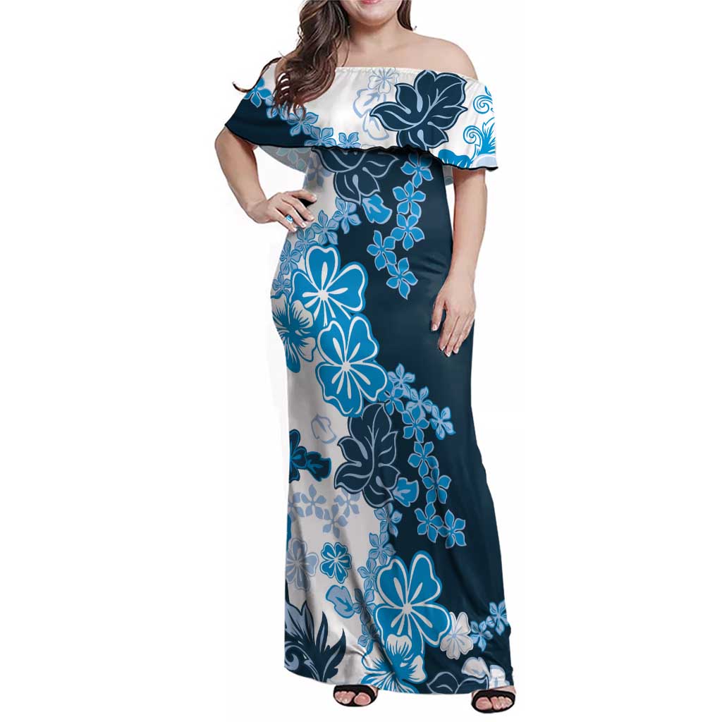 Blue Hibiscus Plumeria Floral Family Matching Off Shoulder Maxi Dress and Hawaiian Shirt - Polynesian Pride
