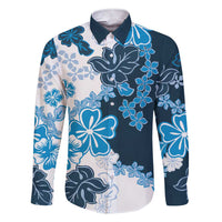 Blue Hibiscus Plumeria Floral Family Matching Short Sleeve Bodycon Dress and Hawaiian Shirt LT01 Dad's Shirt - Long Sleeve Blue - Polynesian Pride