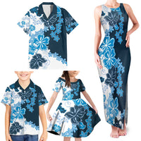 Blue Hibiscus Plumeria Floral Family Matching Tank Maxi Dress and Hawaiian Shirt - Polynesian Pride