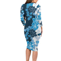 Blue Hibiscus Plumeria Floral Long Sleeve Bodycon Dress - Polynesian Pride