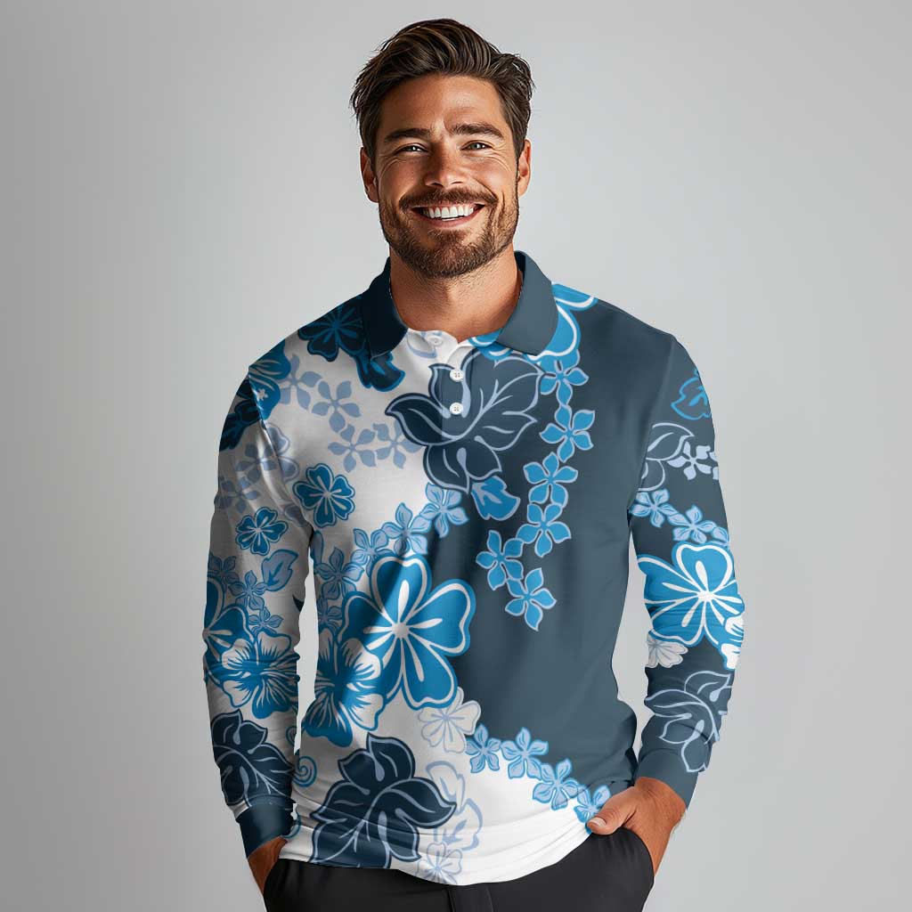Blue Hibiscus Plumeria Floral Long Sleeve Polo Shirt - Polynesian Pride