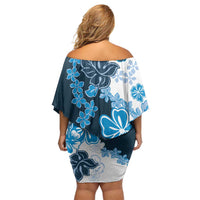 Blue Hibiscus Plumeria Floral Off Shoulder Short Dress - Polynesian Pride