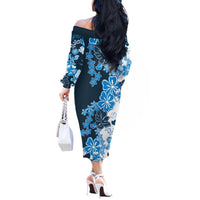 Blue Hibiscus Plumeria Floral Off The Shoulder Long Sleeve Dress - Polynesian Pride