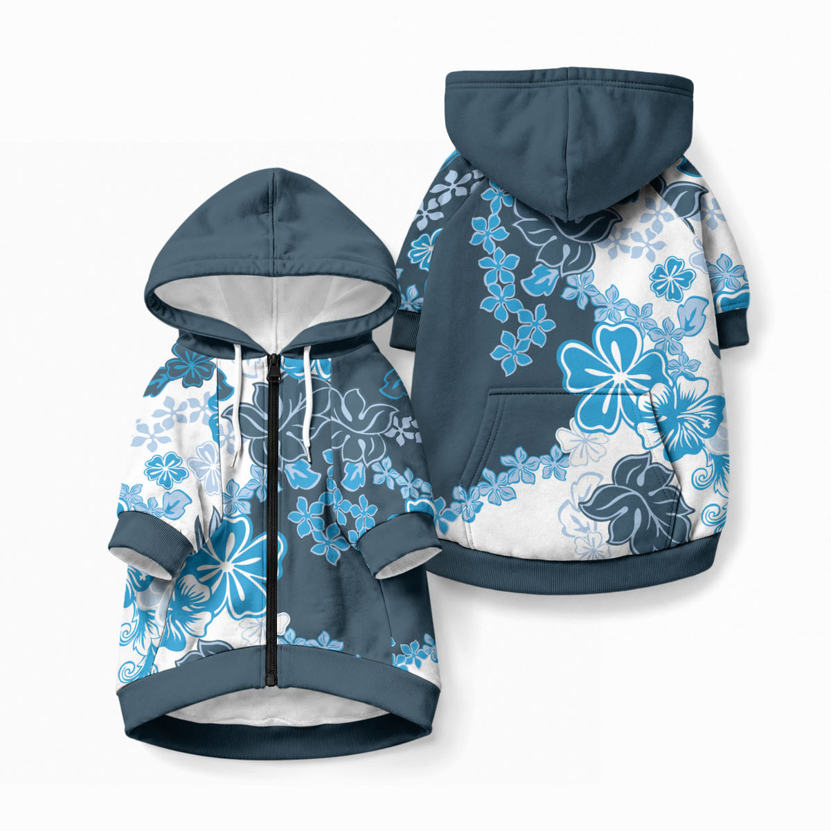 Blue Hibiscus Plumeria Floral Pet Hoodie LT01 Zip-up Blue - Polynesian Pride