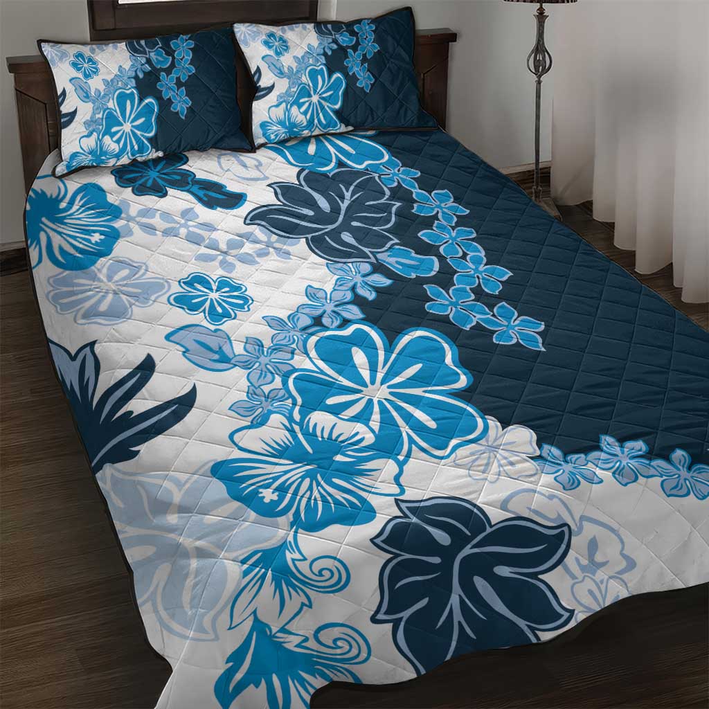 Blue Hibiscus Plumeria Floral Quilt Bed Set - Polynesian Pride